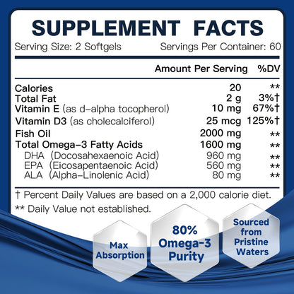 Advanced Omega-3 Fish Oil 2000mg – DHA, EPA, ALA | Heart, Brain & Joints Support – Vitamin D3 & E – 120 Softgels