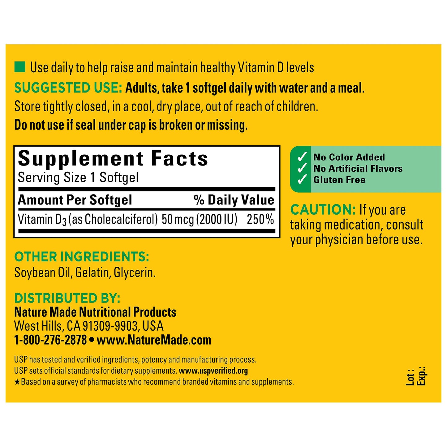 Nature Made Vitamin D3 2000 IU Softgels — Immune, Bone & Muscle Support | 250 Softgels