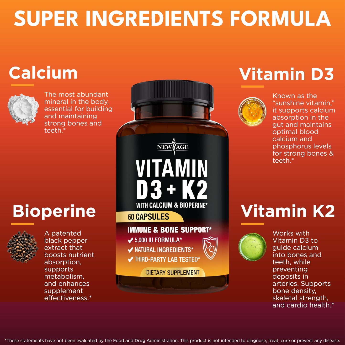Vitamin D3 5000 IU + K2 MK-7 100 mcg - 2-in-1 Bone, Immune & Heart Support