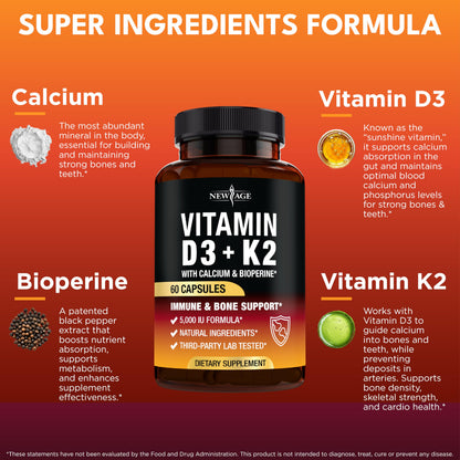 Vitamin D3 5000 IU + K2 MK-7 100 mcg - 2-in-1 Bone, Immune & Heart Support
