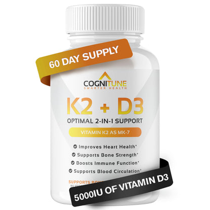 Vitamin D3 5000 IU + K2 MK7 - 60 Count | Immune, Heart & Bone Support