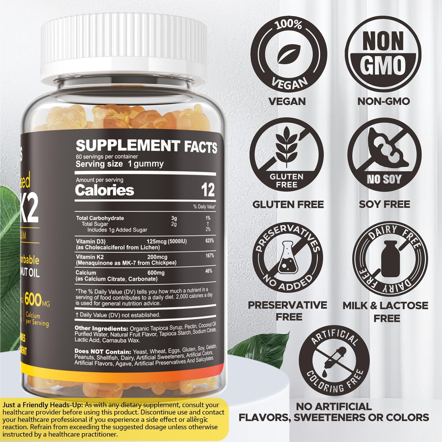 Vitamin D3 5000iu & K2 MK7 Gummies + Calcium – Vegan, High-Absorption 60 Count
