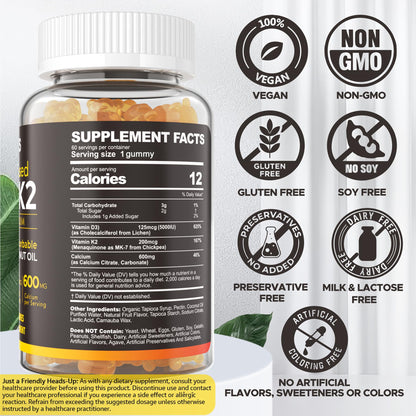 Vitamin D3 5000iu & K2 MK7 Gummies + Calcium – Vegan, High-Absorption 60 Count