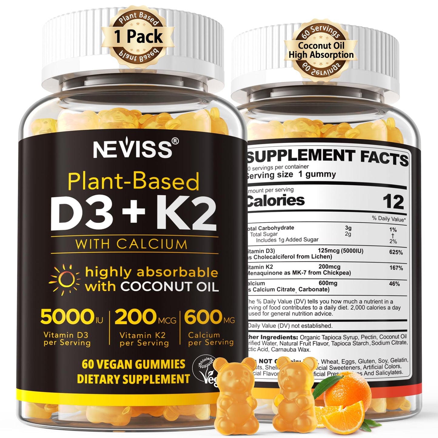 Vitamin D3 5000iu & K2 MK7 Gummies + Calcium – Vegan, High-Absorption 60 Count