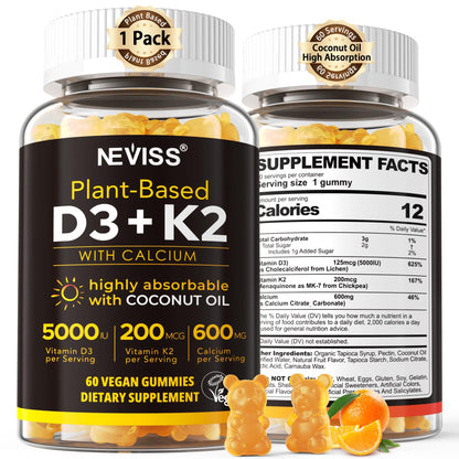Vitamin D3 5000iu & K2 MK7 Gummies + Calcium – Vegan, High-Absorption 60 Count