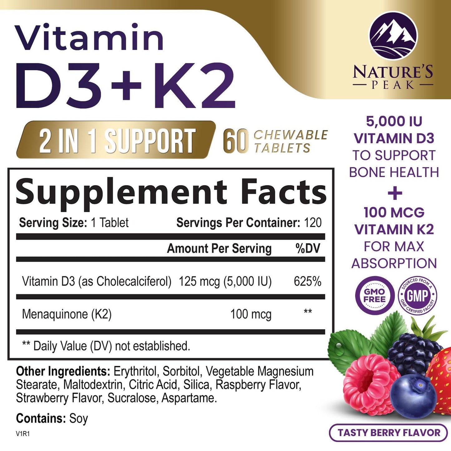 Vitamin D3 K2 5000 IU Berry Chewable – Immune & Bone Health (120 Tabs)