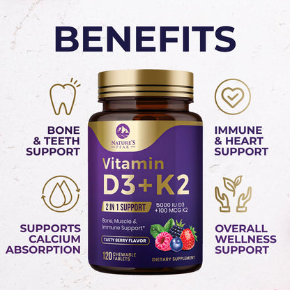 Vitamin D3 K2 5000 IU Berry Chewable – Immune & Bone Health (120 Tabs)