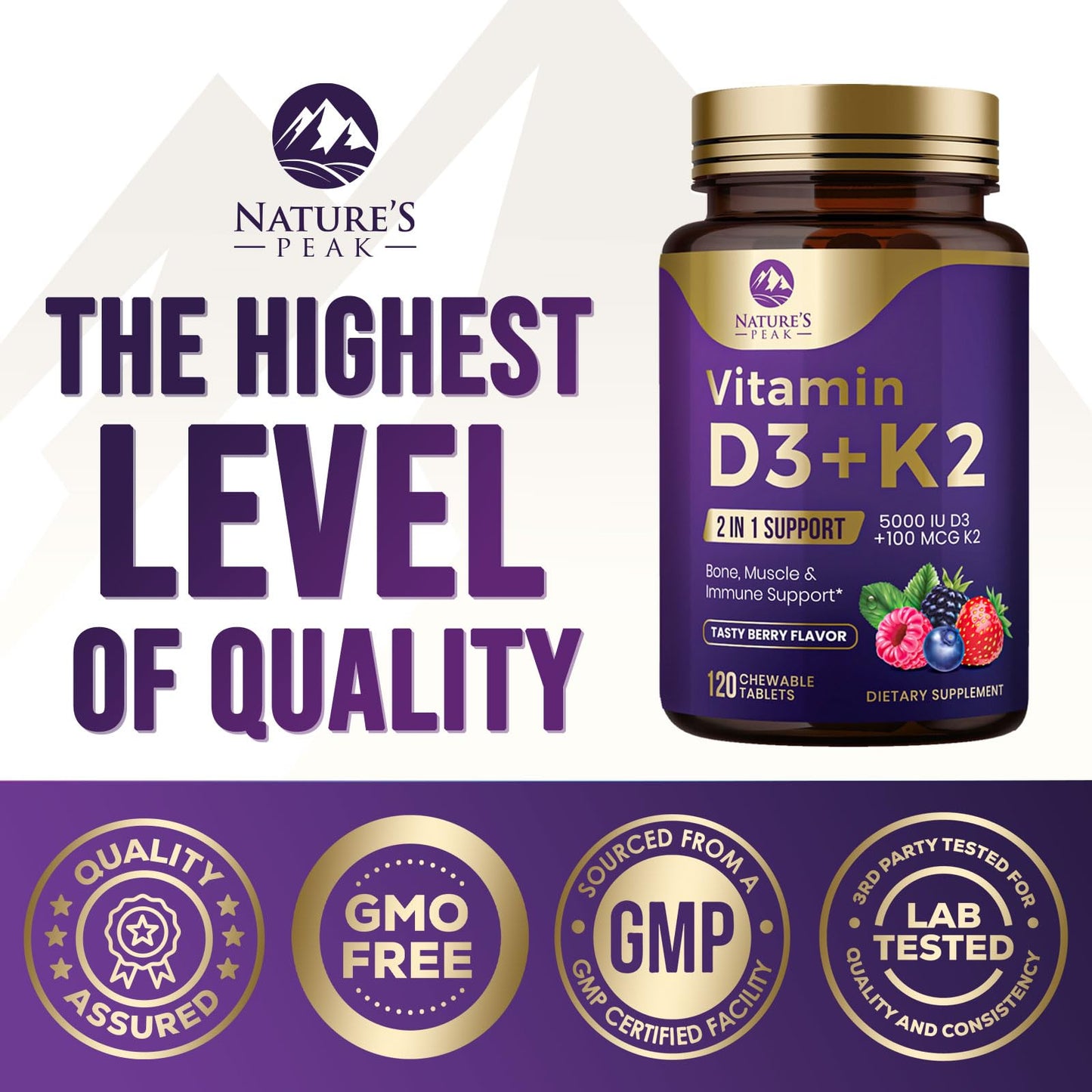 Vitamin D3 K2 5000 IU Berry Chewable – Immune & Bone Health (120 Tabs)