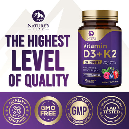 Vitamin D3 K2 5000 IU Berry Chewable – Immune & Bone Health (120 Tabs)