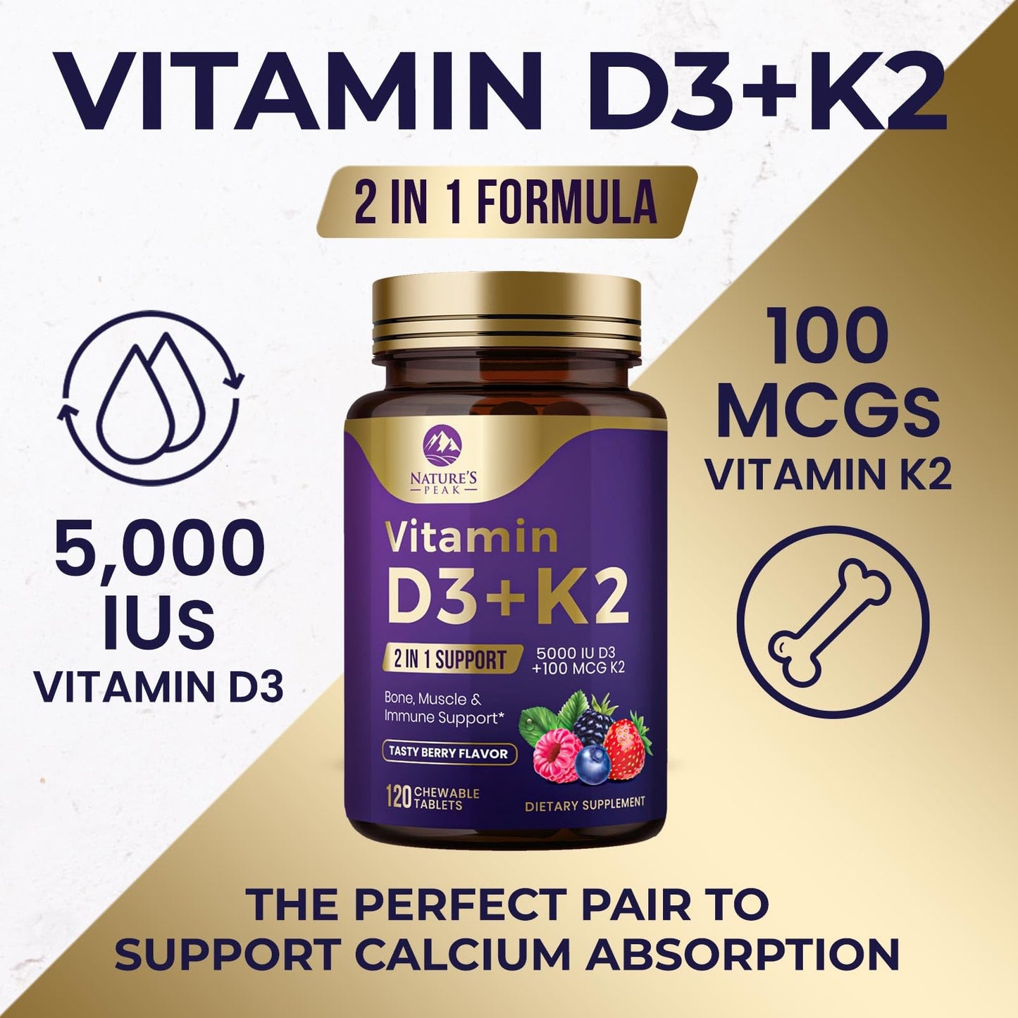 Vitamin D3 K2 5000 IU Berry Chewable – Immune & Bone Health (120 Tabs)