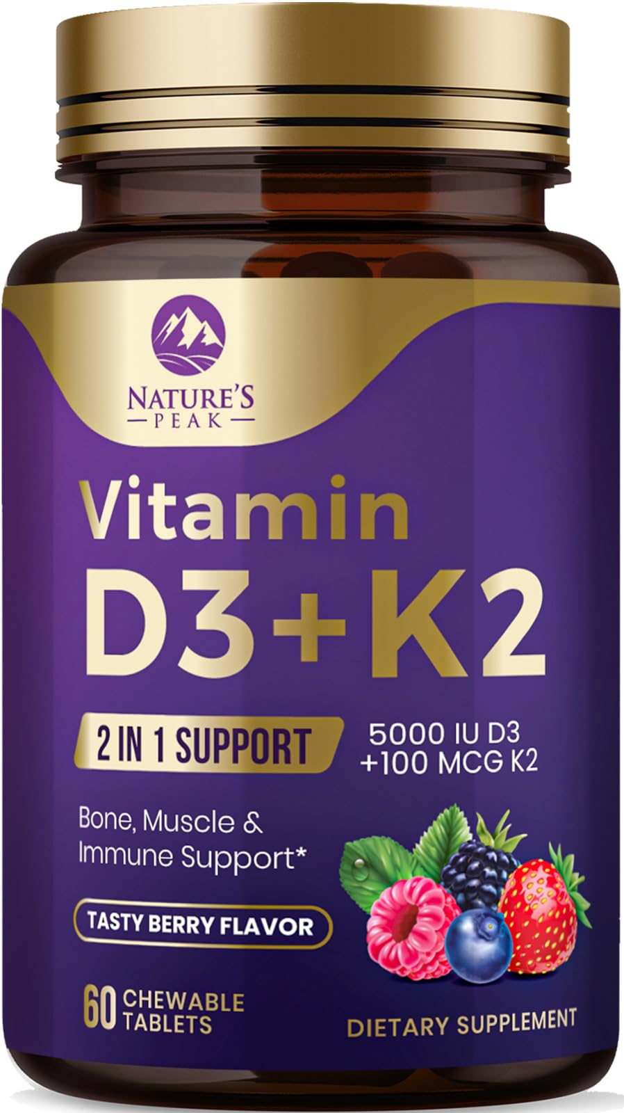 Vitamin D3 K2 5000 IU – Berry Chewables 60 Tablets | Immune, Bone & Heart Health | Gluten Free, Non-GMO, USA Bottled