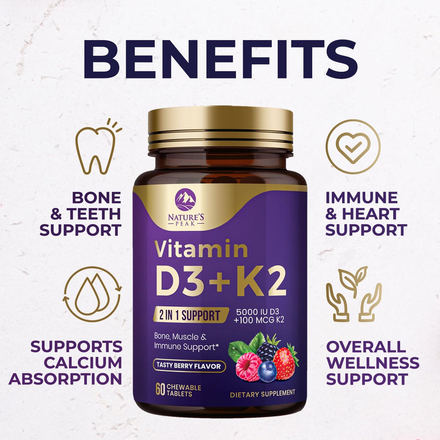 Vitamin D3 K2 5000 IU – Berry Chewables 60 Tablets | Immune, Bone & Heart Health | Gluten Free, Non-GMO, USA Bottled