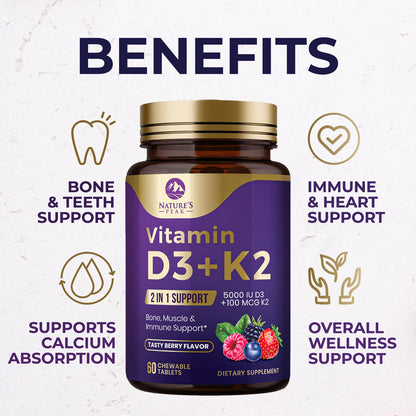 Vitamin D3 K2 5000 IU – Berry Chewables 60 Tablets | Immune, Bone & Heart Health | Gluten Free, Non-GMO, USA Bottled