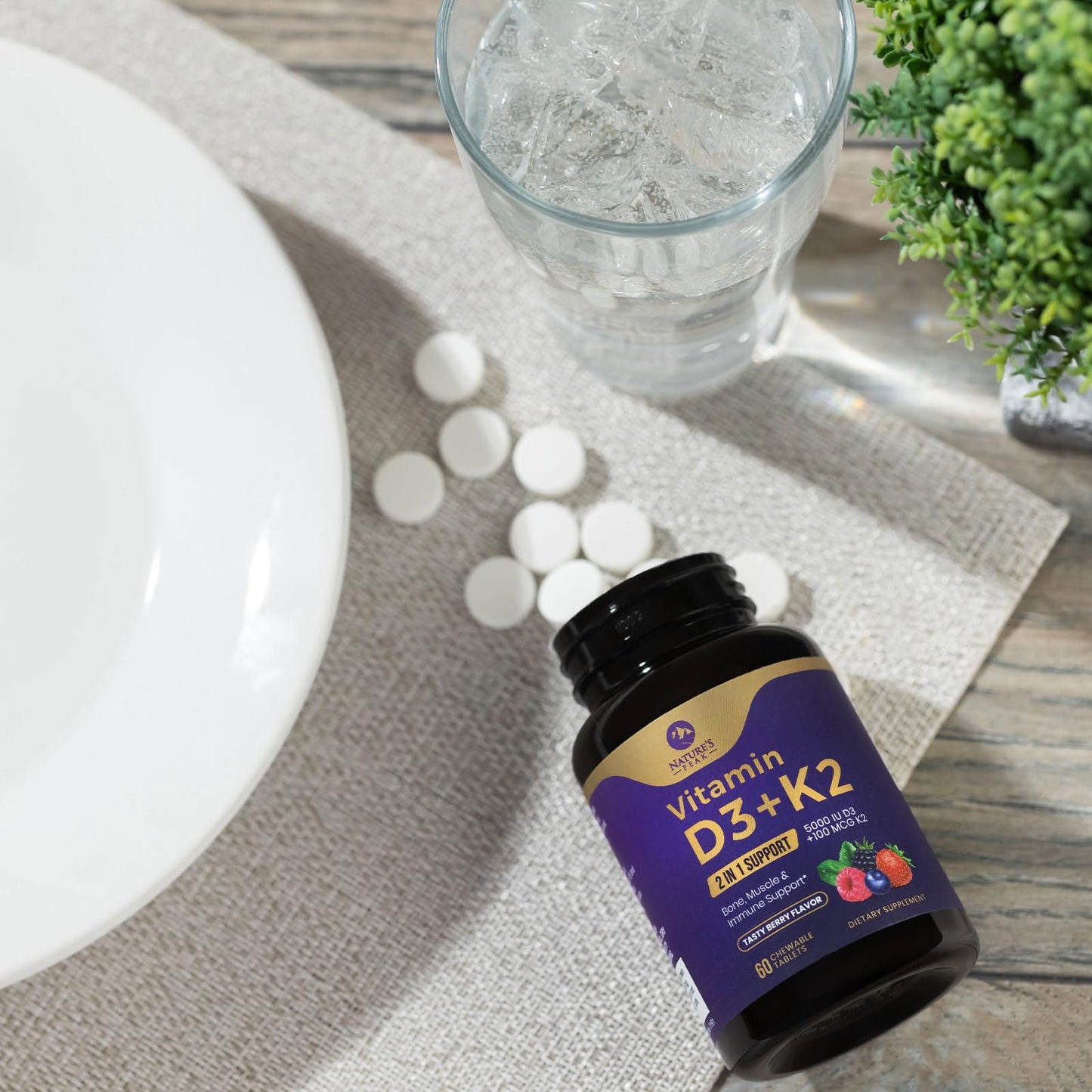 Vitamin D3 K2 5000 IU – Berry Chewables 60 Tablets | Immune, Bone & Heart Health | Gluten Free, Non-GMO, USA Bottled