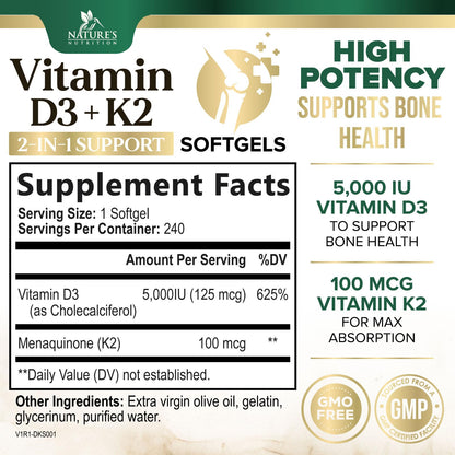 Vitamin D3 K2 5000 IU Plus with K2 MK-7 - 240 Softgels | Non-GMO