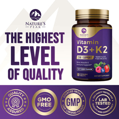 Vitamin D3 K2 5000 IU – Berry Chewables 60 Tablets | Immune, Bone & Heart Health | Gluten Free, Non-GMO, USA Bottled