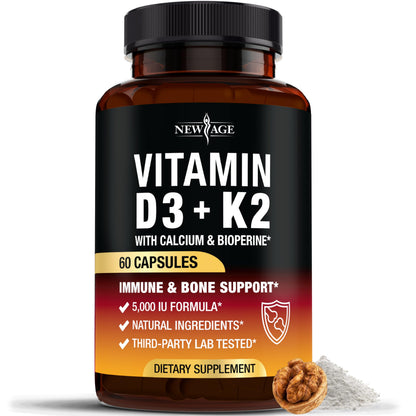 Vitamin D3 5,000 IU + K2 MK-7 100 mcg - 60 Capsules | Bone, Immune & Heart Support - Vegan & Non-GMO