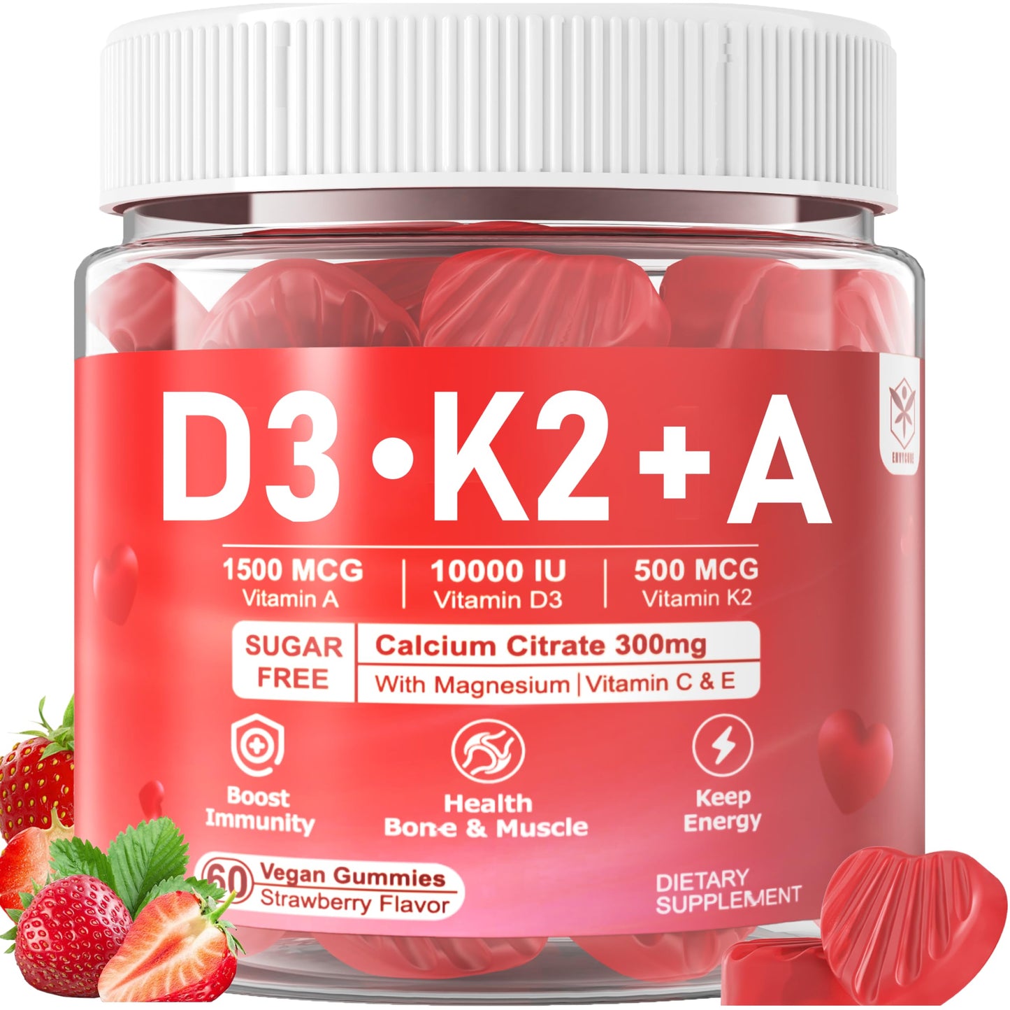 Vitamin D3 K2 A Gummies 5000IU / 10,000IU – 8-in-1 Vegan Calcium Magnesium Zinc | 2 Packs