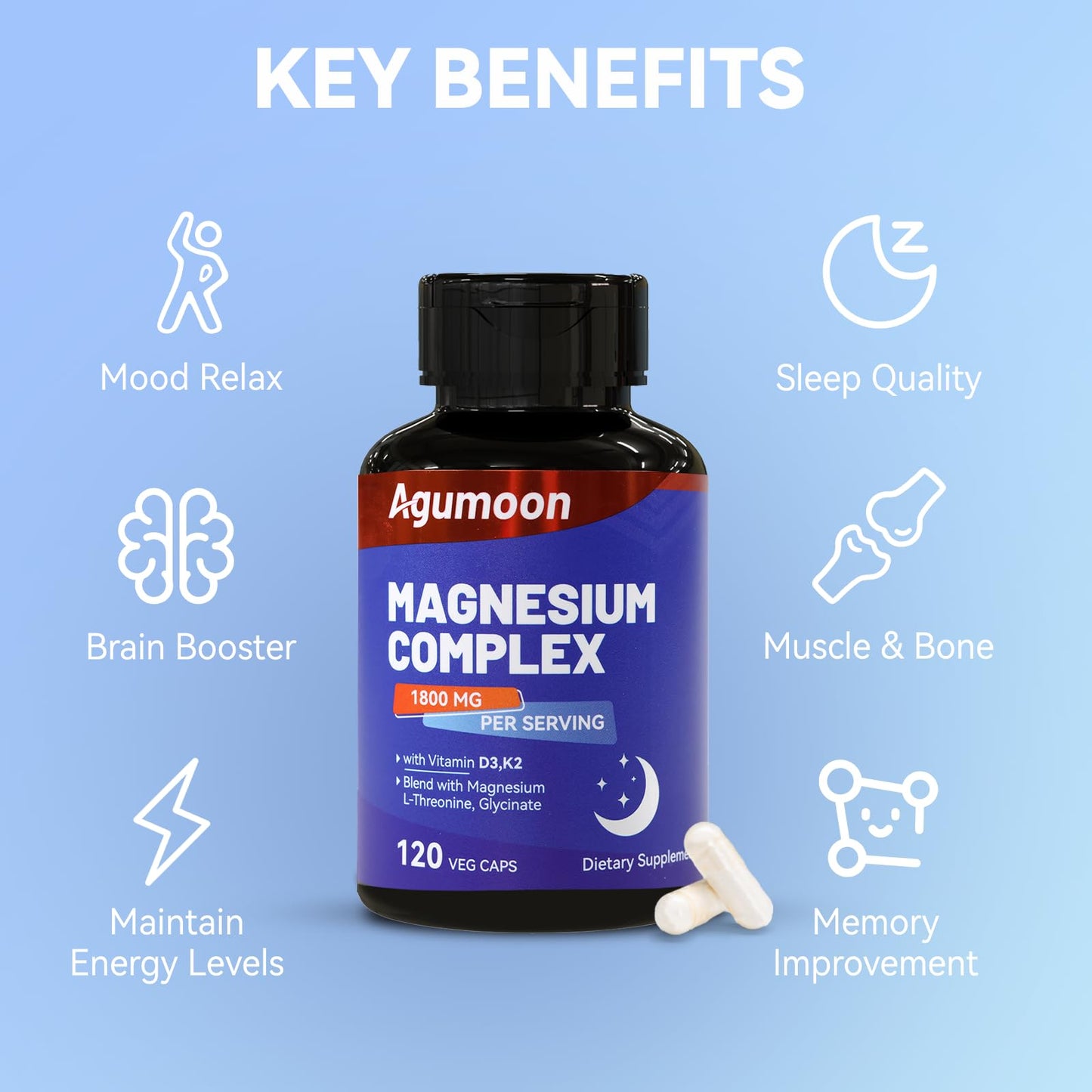 Magnesium Chelated Complex 1800mg with Vitamin D3 & K2 – L-Threonine & Glycinate, 120 Capsules
