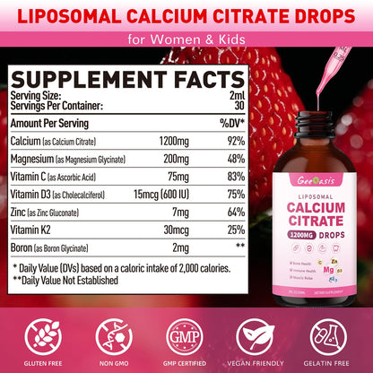 Liposomal Liquid Calcium Citrate Drops 1200mg – Bone Health & Immune Support, 2 oz