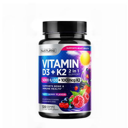 Vitamin D3 K2 Chewable 5000 IU + 100 mcg MK-7 – 2 in 1 Immune, Heart & Bone Support | Berry Flavor | Non-GMO | 120 Tablets
