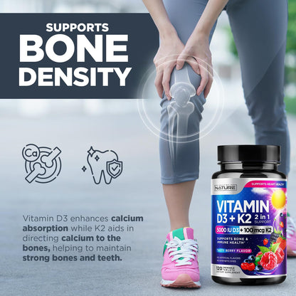 Vitamin D3 K2 Chewable 5000 IU + 100 mcg MK-7 – 2 in 1 Immune, Heart & Bone Support | Berry Flavor | Non-GMO | 120 Tablets