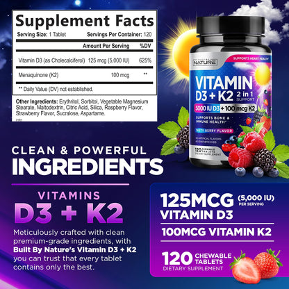 Vitamin D3 K2 Chewable 5000 IU + 100 mcg MK-7 – 2 in 1 Immune, Heart & Bone Support | Berry Flavor | Non-GMO | 120 Tablets