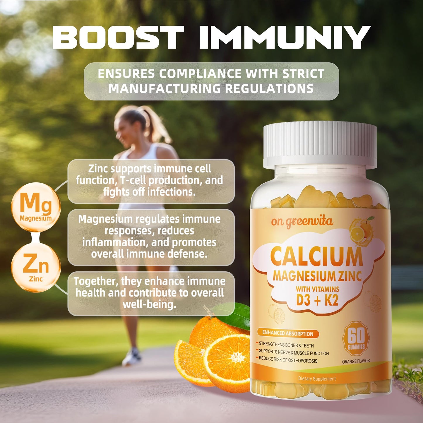 Calcium Magnesium Zinc Gummies with Vitamin D3 & K2 - High Potency, Enhanced Absorption - 120 Orange Gummies