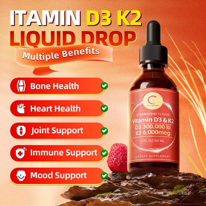 Vitamin D3 K2 Drops with MCT Oil 10000 IU – Immune & Bone Health (Strawberry, 4 oz) – Non-GMO