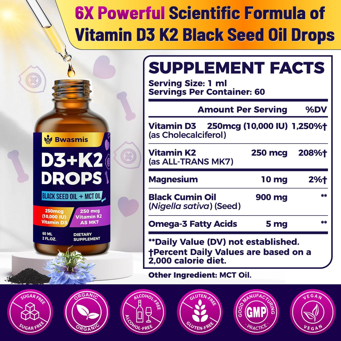 Vitamin D3 K2 Drops 10000IU with Organic Black Seed Oil – 6-in-1 Liquid (2 oz)