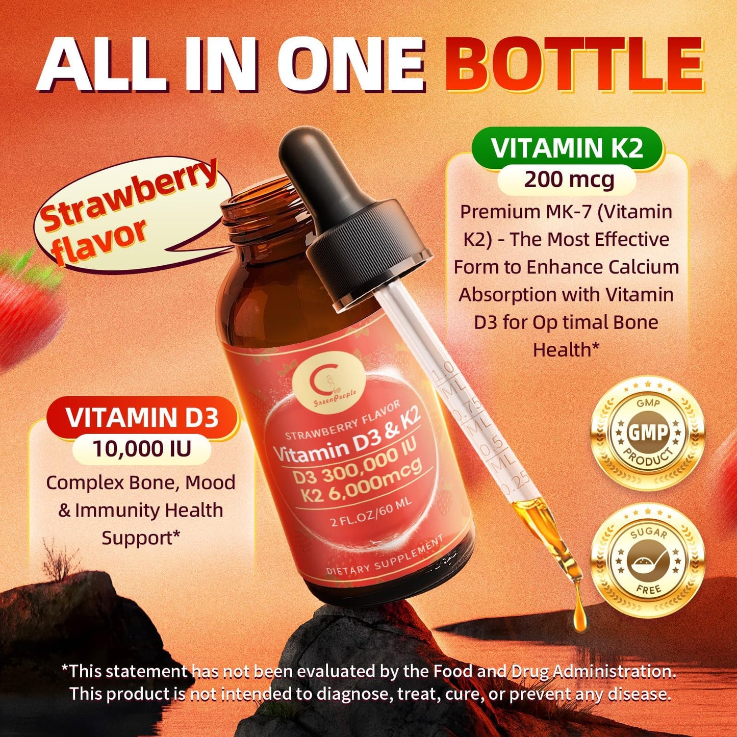 Vitamin D3 K2 Drops with MCT Oil 10000 IU – Immune & Bone Health (Strawberry, 4 oz) – Non-GMO