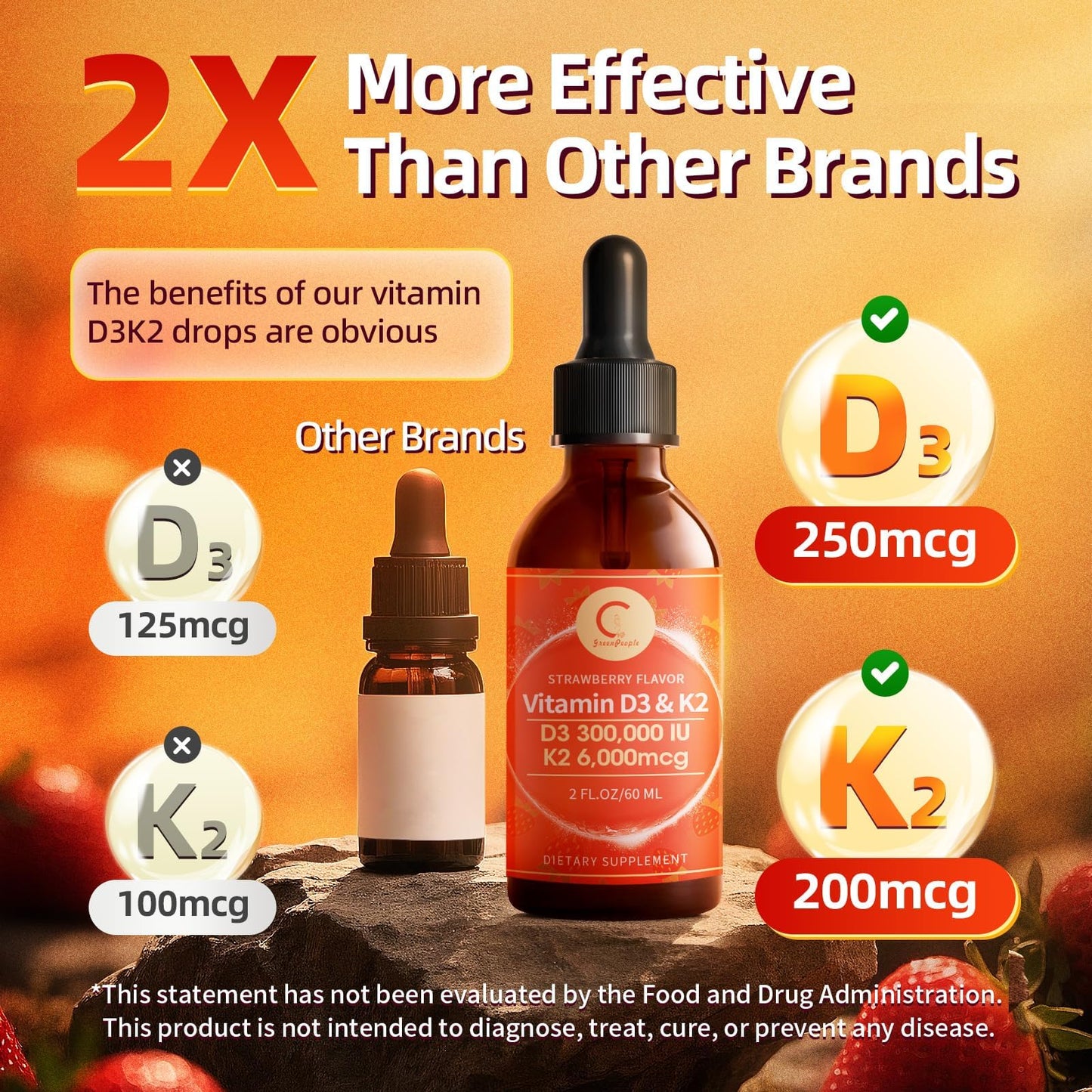 Vitamin D3 K2 Drops with MCT Oil 10000 IU – Immune & Bone Health (Strawberry, 4 oz) – Non-GMO