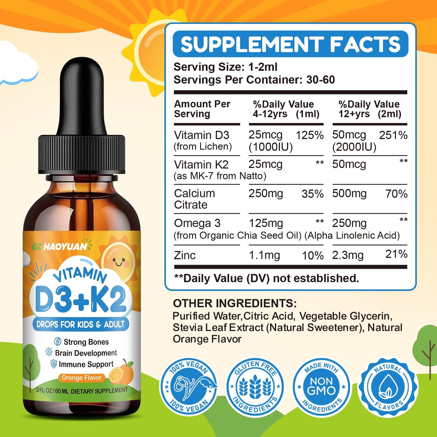 Vitamin D3 K2 Drops for Kids – Vegan Non-GMO Orange 2oz | Supports Calcium Absorption, Bones, Brain & Immunity