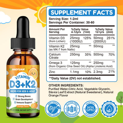 Vitamin D3 K2 Drops for Kids – Vegan Non-GMO Orange 2oz | Supports Calcium Absorption, Bones, Brain & Immunity