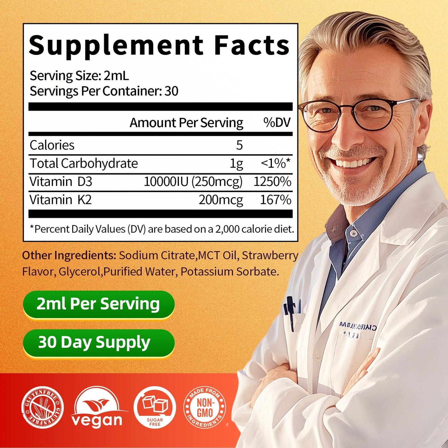 Vitamin D3 K2 Drops with MCT Oil 10000 IU – Immune & Bone Health (Strawberry, 4 oz) – Non-GMO