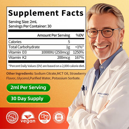 Vitamin D3 K2 Drops with MCT Oil 10000 IU – Immune & Bone Health (Strawberry, 4 oz) – Non-GMO