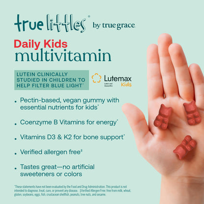 True Littles Daily Kids Multivitamin - 60 Pectin Gummies | Immune, Eye & Bone Support | Lutemax Kids Lutein + Vitamin D3 & K2 | Allergen Free & Vegan