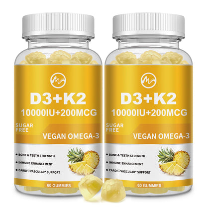 Vitamin D3 K2 Gummies 10000IU MK-7 200mcg – 6-in-1 with Omega-3, Calcium, Magnesium & Zinc | Sugar Free, 2 Packs