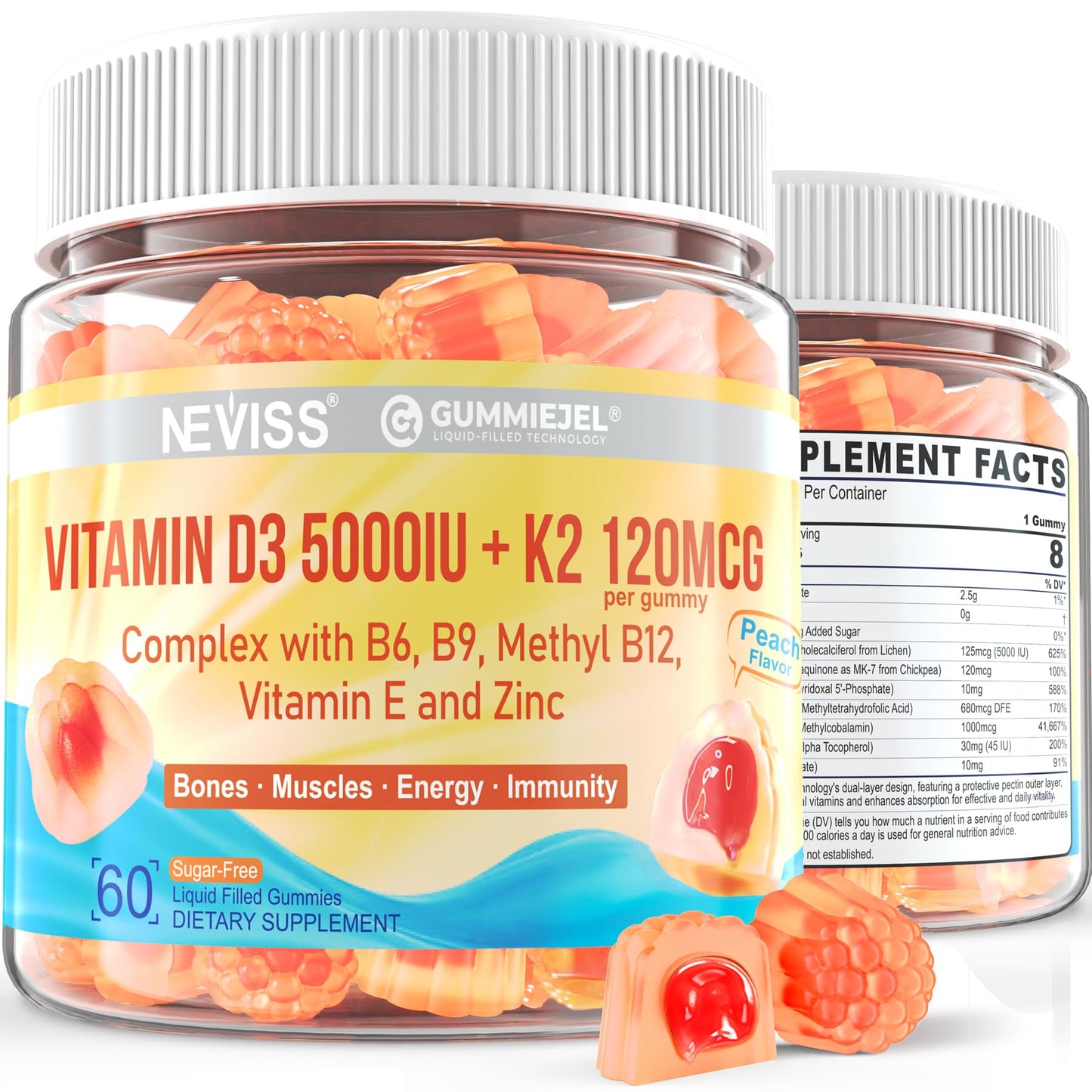 Vitamin D3 5000IU + K2 MK-7 Gummies – Sugar-Free, B Complex, Methyl B12 | 1 Pack