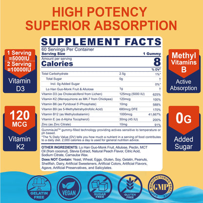 Vitamin D3 5000IU + K2 MK-7 Gummies – Sugar-Free, B Complex, Methyl B12 | 1 Pack