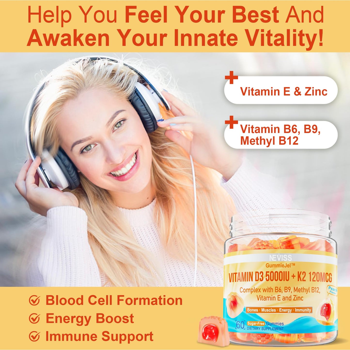 Vitamin D3 5000IU + K2 MK-7 Gummies – Sugar-Free, B Complex, Methyl B12 | 1 Pack