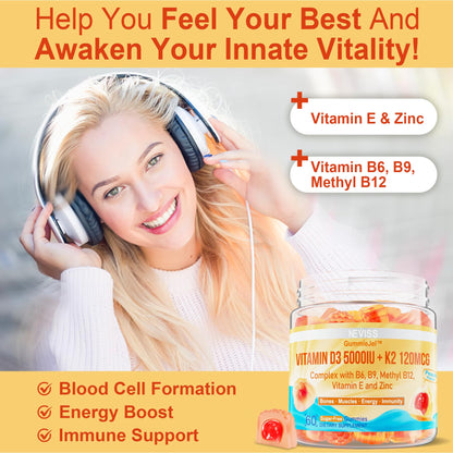 Vitamin D3 5000IU + K2 MK-7 Gummies – Sugar-Free, B Complex, Methyl B12 | 1 Pack