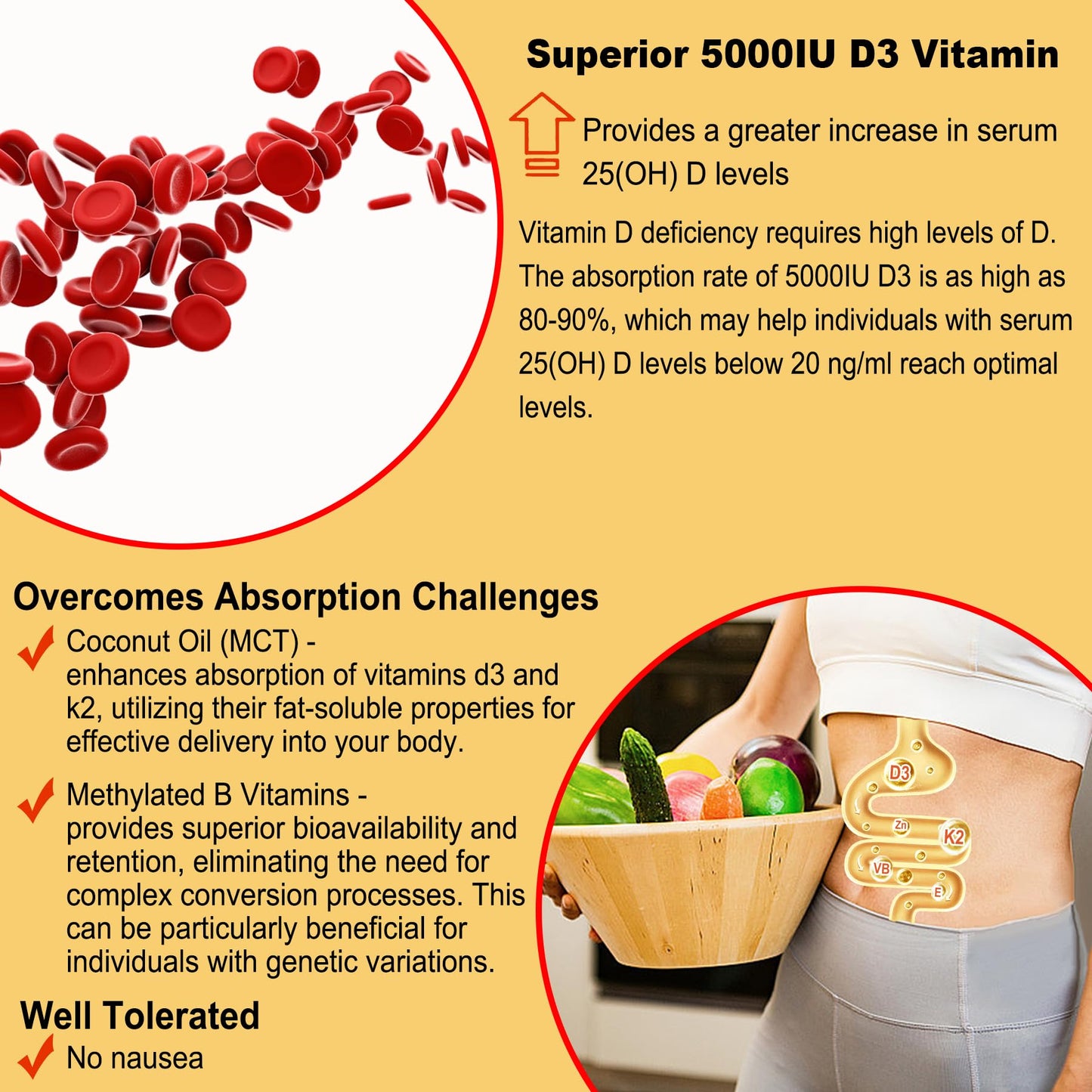 Vitamin D3 5000IU + K2 MK-7 Gummies – Sugar-Free, B Complex, Methyl B12 | 1 Pack