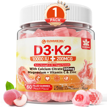 Vitamin D3 K2 Gummies 5000/10000 IU – Vegan, 60 Count | Calcium 500mg, MK-7 200mcg