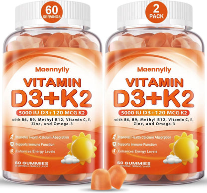Vitamin D3 K2 Gummies for Adults – 5000IU D3 + 120mcg MK-7 K2 | Sugar-Free, Omega-3 & B Vitamins