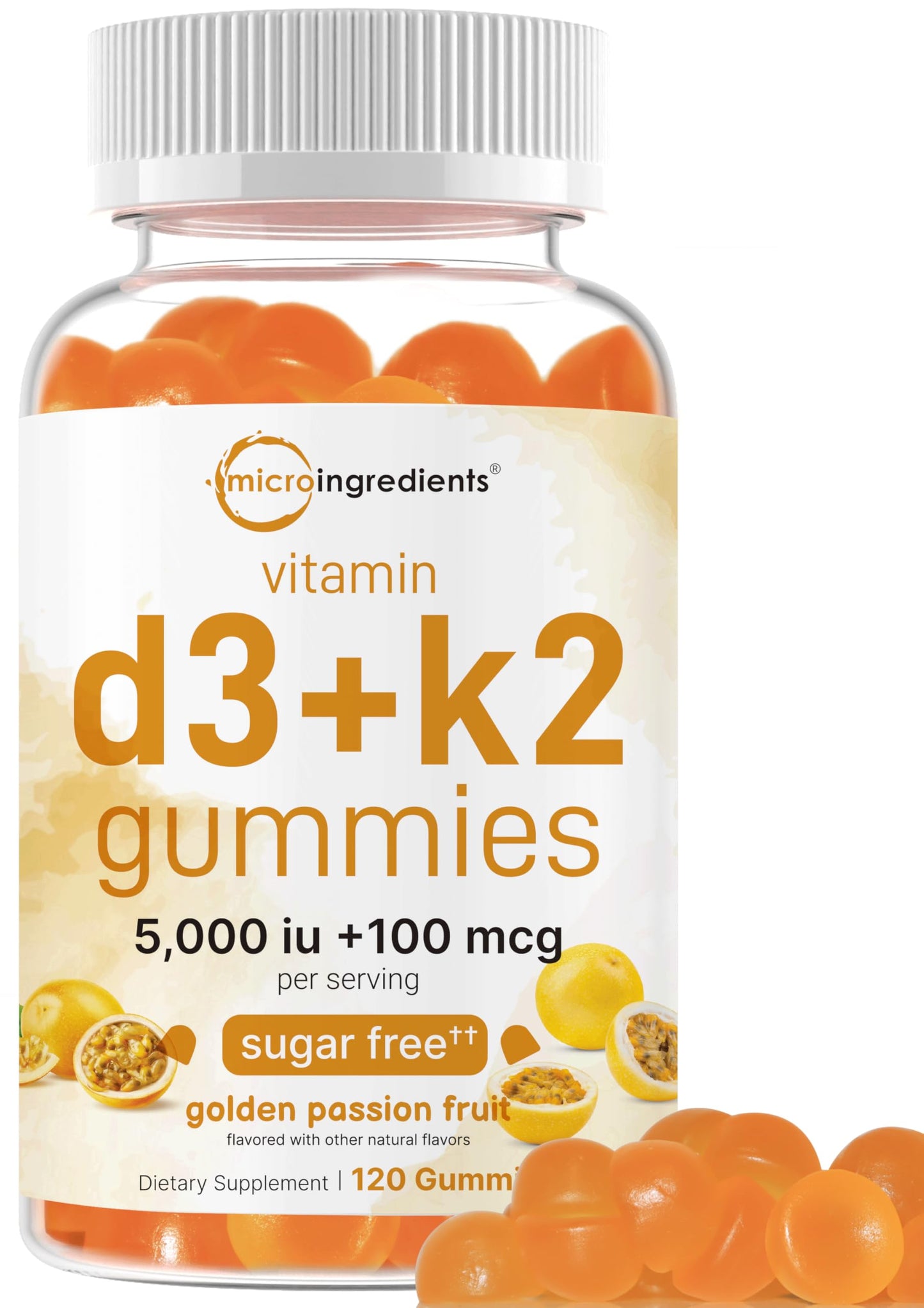Vitamin D3 K2 Gummies 5,000 IU D3 + 100 mcg MK-7 | 120 Count | Sugar Free Golden Passion Fruit