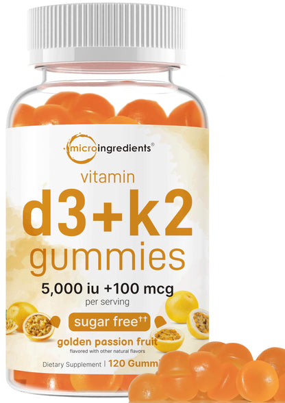 Vitamin D3 K2 Gummies 5,000 IU D3 + 100 mcg MK-7 | 120 Count | Sugar Free Golden Passion Fruit