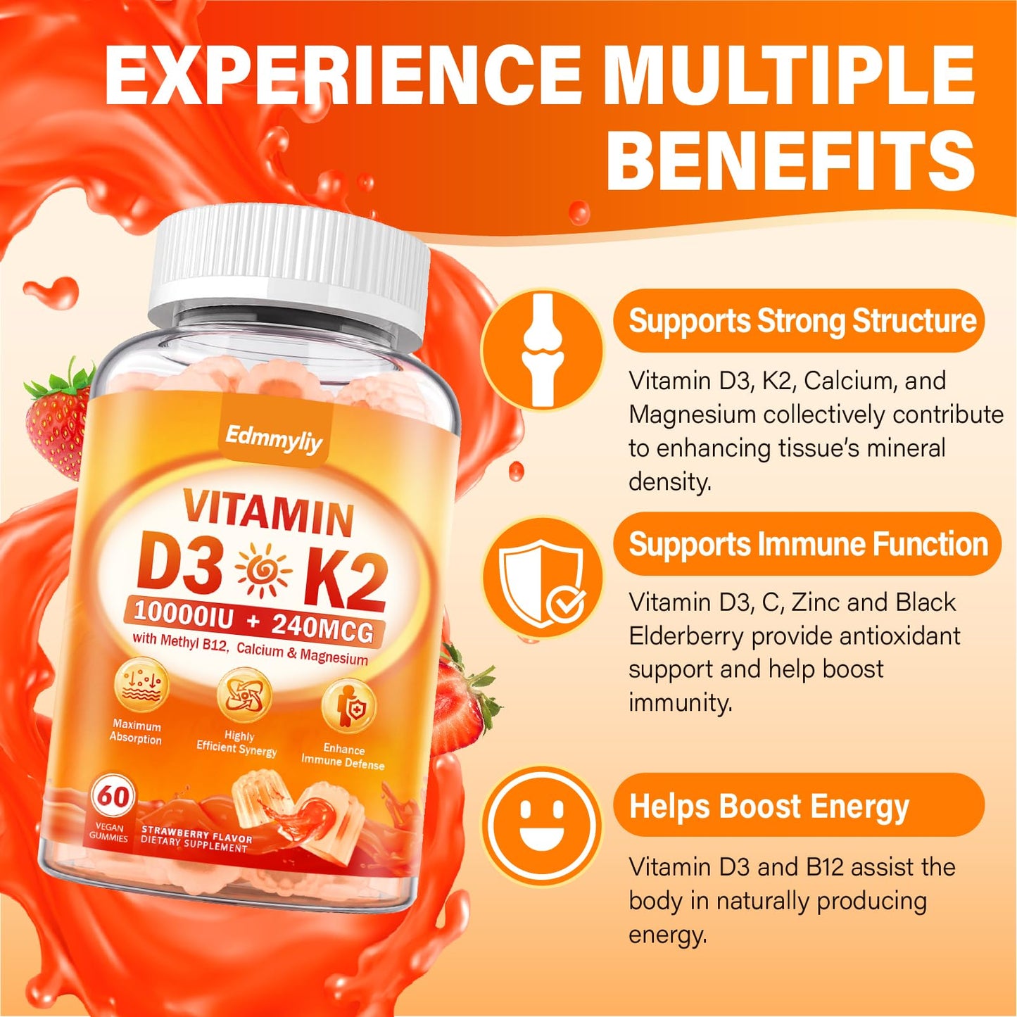 Vitamin D3 10000 IU Gummies with K2 – Vegan, Sugar-Free