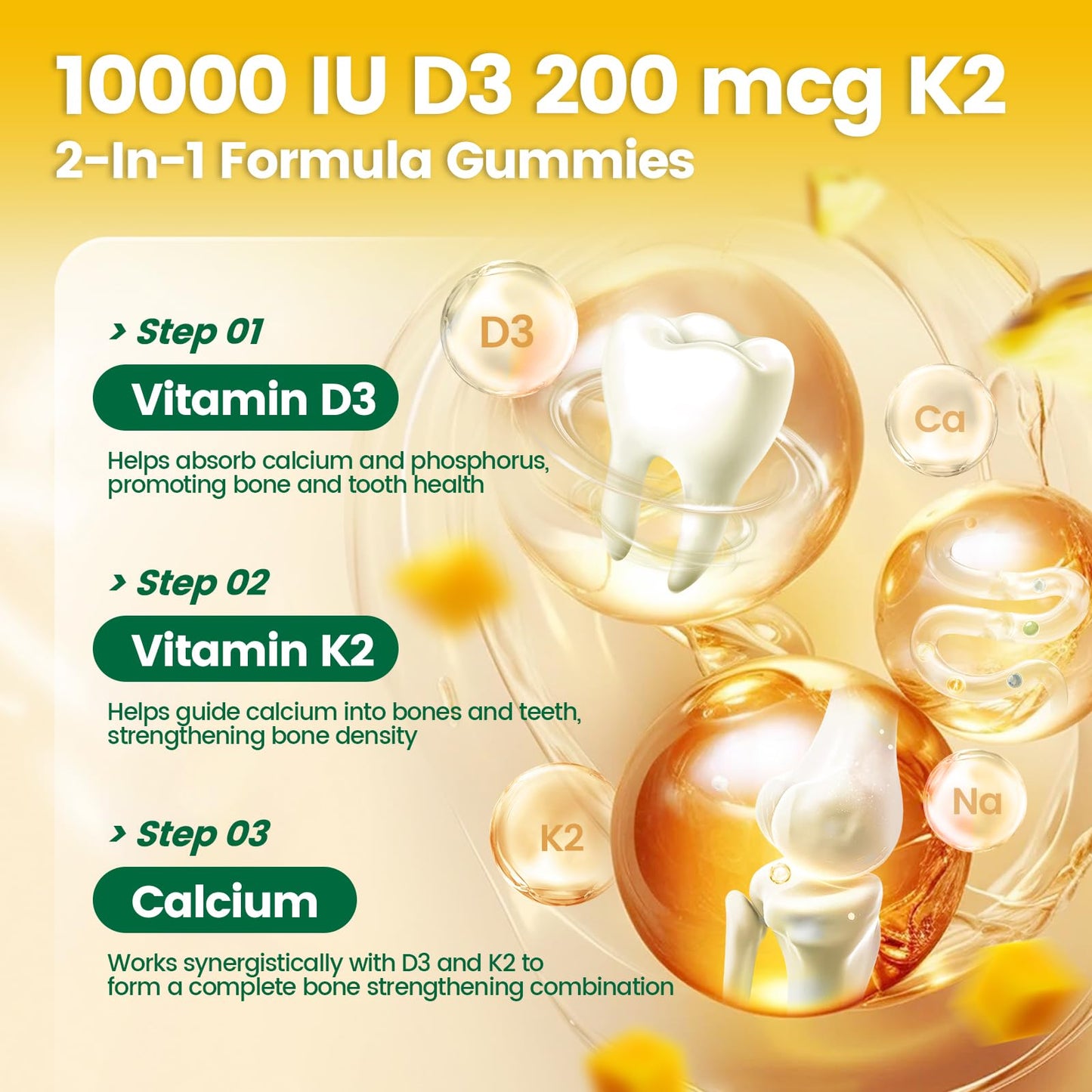 Vitamin D3 K2 Gummies 10000 IU + MK7-200 mcg | 60 Gummies