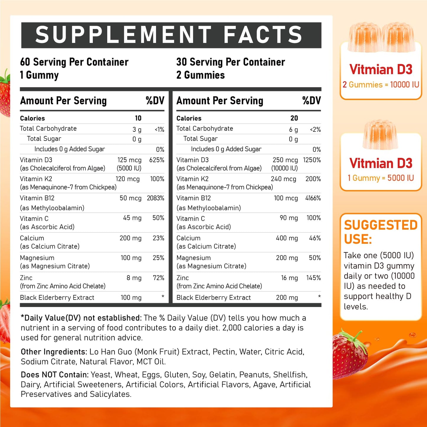 Vitamin D3 10000 IU Gummies with K2 – Vegan, Sugar-Free